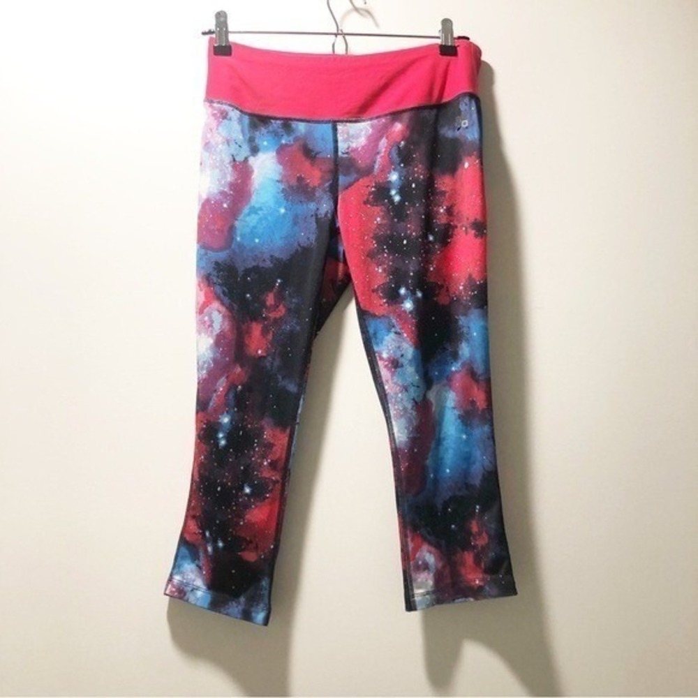 Dactra Galaxy Nebula Print Cropped Performance Leggings Red Blue Space M